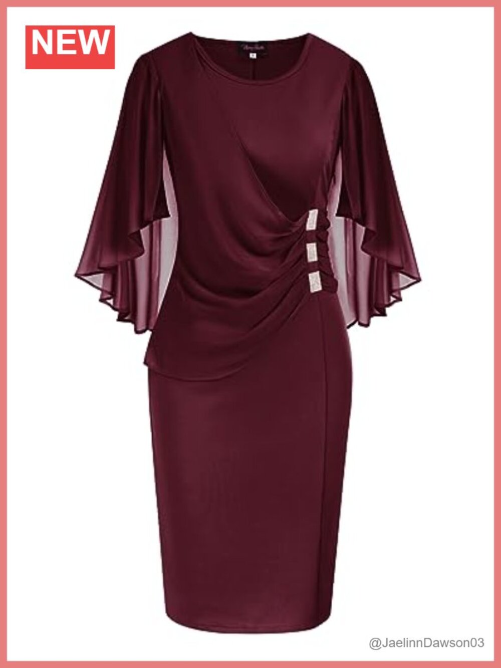 Plus Size Chiffon Ruffle Cape Sleeve Bodycon Pencil Midi Dress